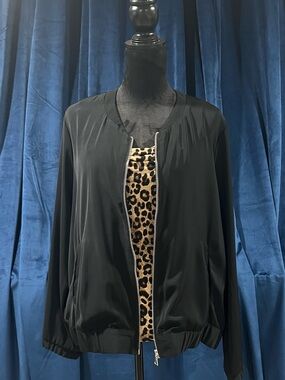 Style & Co. Black Bomber Jacket with Leopard-Print Trim